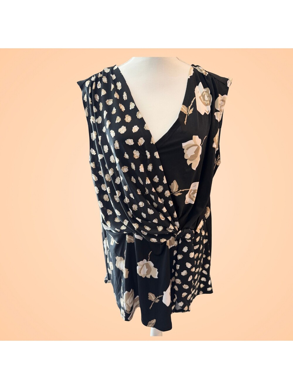 NY Collection Womens 1X Black Beige Floral Mixed Print Wrap Front Tie Blouse
